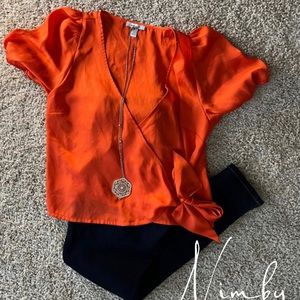 Nine West orange satin faux wrap side tie cuff sleeves Size (M)